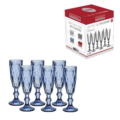 Taca Para Champanhe De Vidro Diamond Aazul 140 ml 6 Pecas - Hauskraft