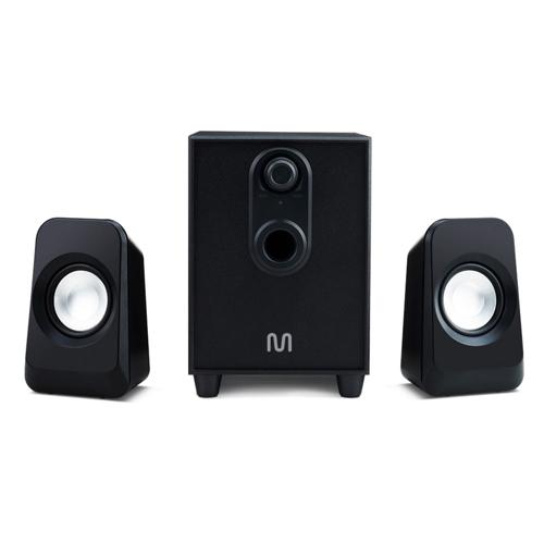Caixas de Som 2.1 c/ Subwoofer 20w RMS Alimentação Bivolt Conexão P2 Controle de Volume e Graves Preto - SP377
