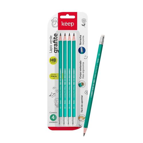 Lápis Preto HB com Borracha Blister c/ 4 Unidades Keep - EI103