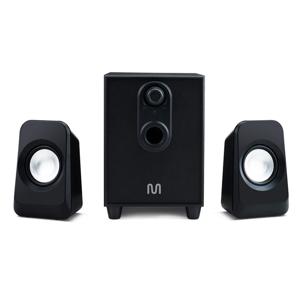 Caixas de Som 2.1 c/ Subwoofer 20w RMS Alimentação Bivolt Conexão P2 Controle de Volume e Graves Preto - SP377