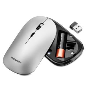 Mouse Sem Fio Slim Clique Silencioso Conexão Bluetooth e Usb 1600dpi Ajustável 4 Botões com Pilha Inclusa Cinza - MO332