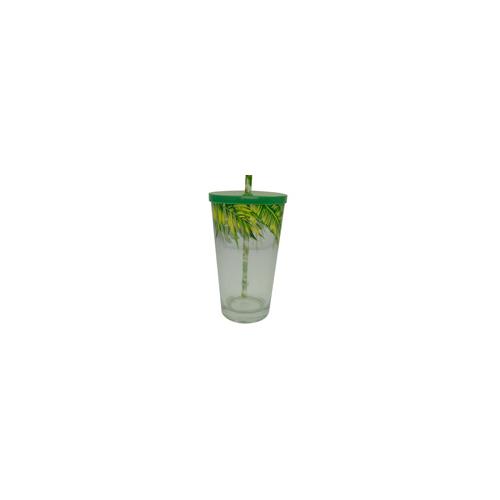 *COPO VIDRO 450ML C/CANUDO FOLHAS VD